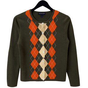 Lands’ End 100% Cashmere Argyle Cardigan Olive Orange Cream Sz S